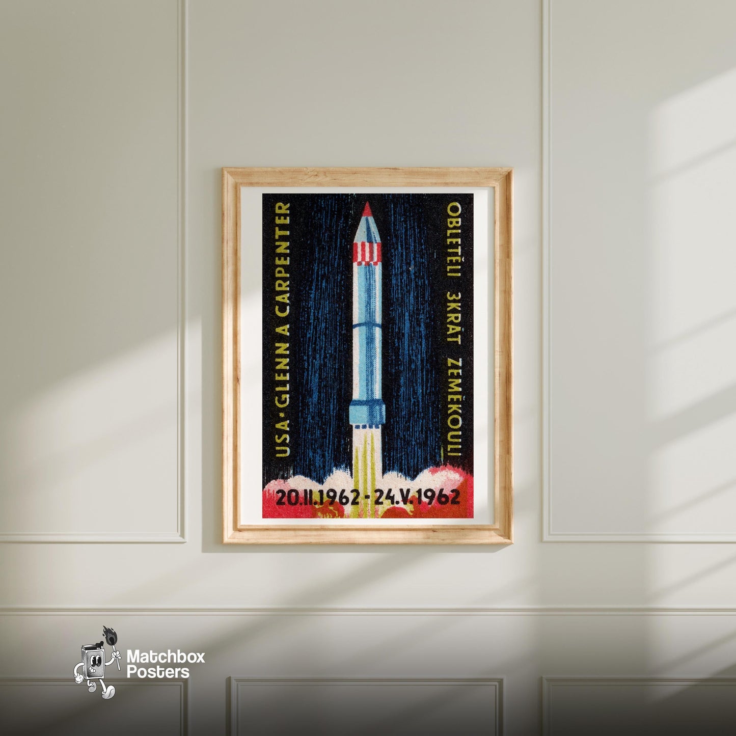 Rocket Launch - vintage matchbox label print - bedroom mockup
