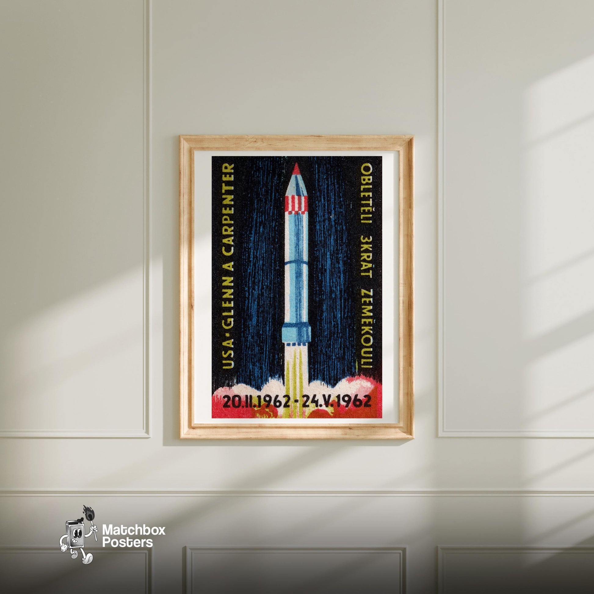 Rocket Launch - vintage matchbox label print - bedroom mockup
