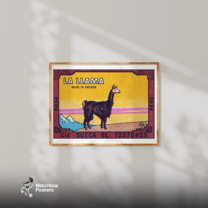 Llama Standing Peru - vintage matchbox label print - bedroom mockup