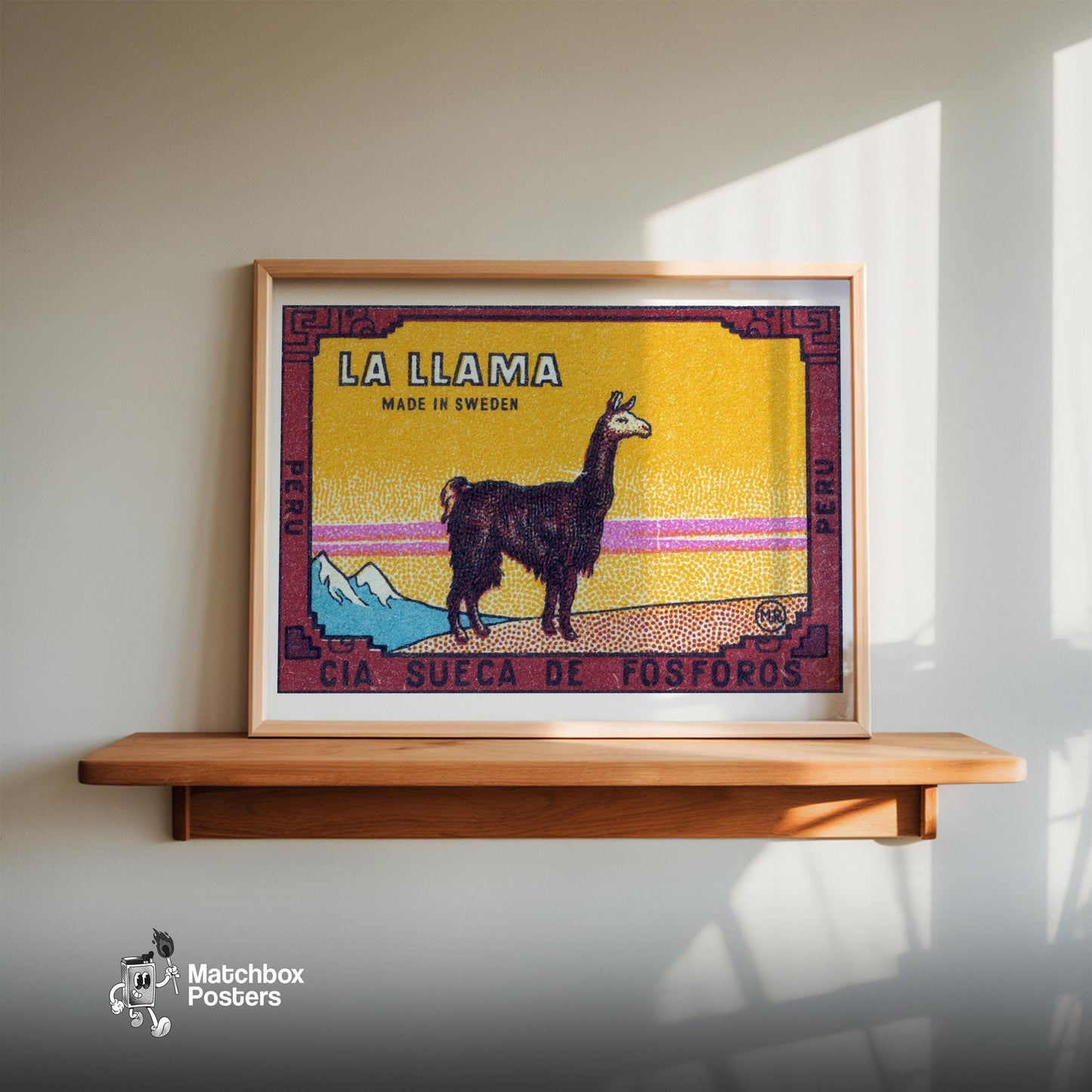Llama Standing Peru - vintage matchbox label print - size comparison
