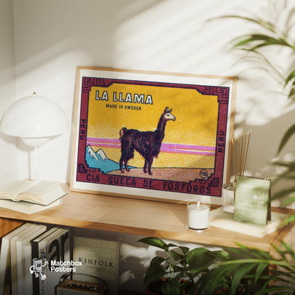 Llama Standing Peru - vintage matchbox label print - office wall