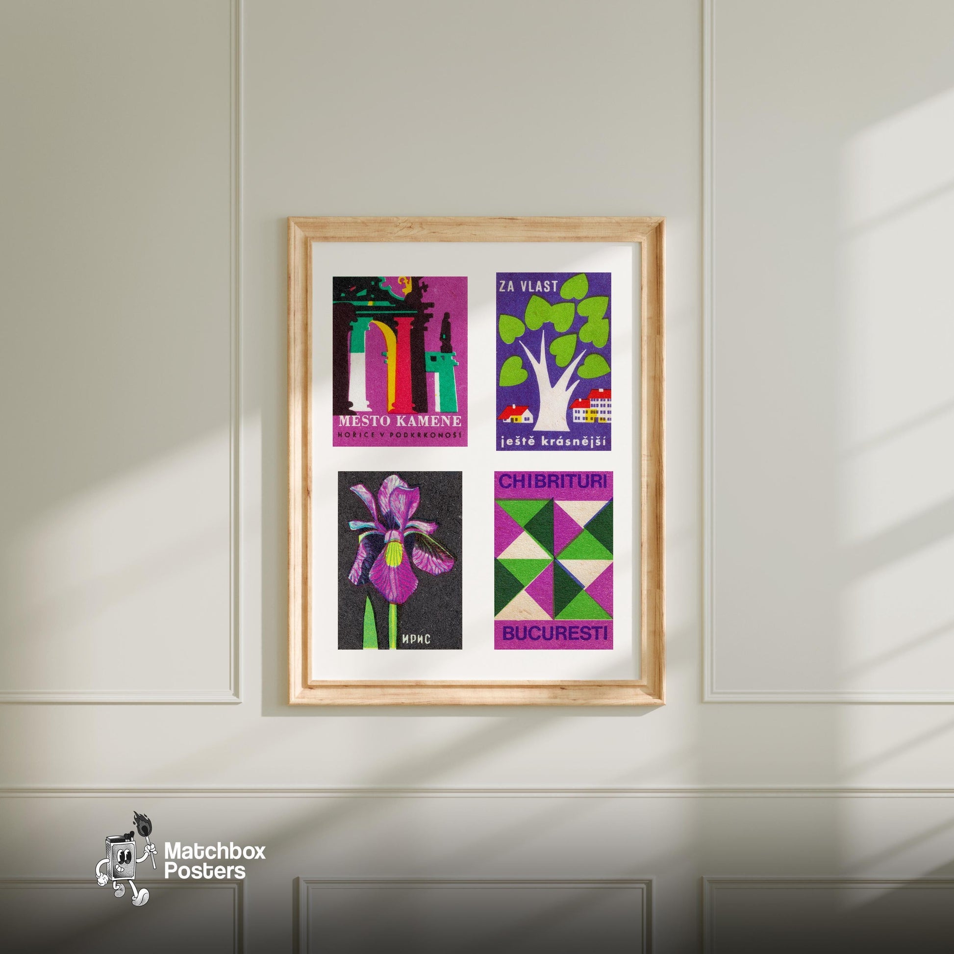 Purple & Greens Grid Print - vintage matchbox label print - living room mockup