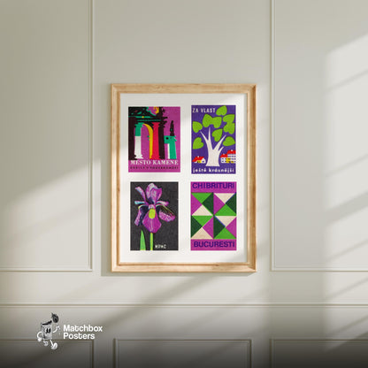 Purple & Greens Grid Print - vintage matchbox label print - living room mockup