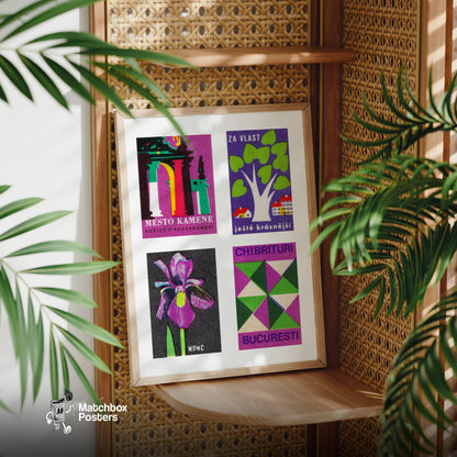 Purple & Greens Grid Print - vintage matchbox label print - size comparison