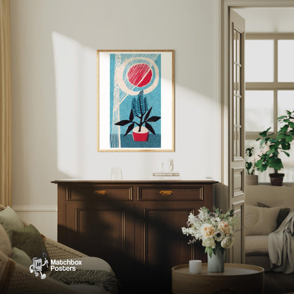 Potted Plant - vintage matchbox label print - living room mockup