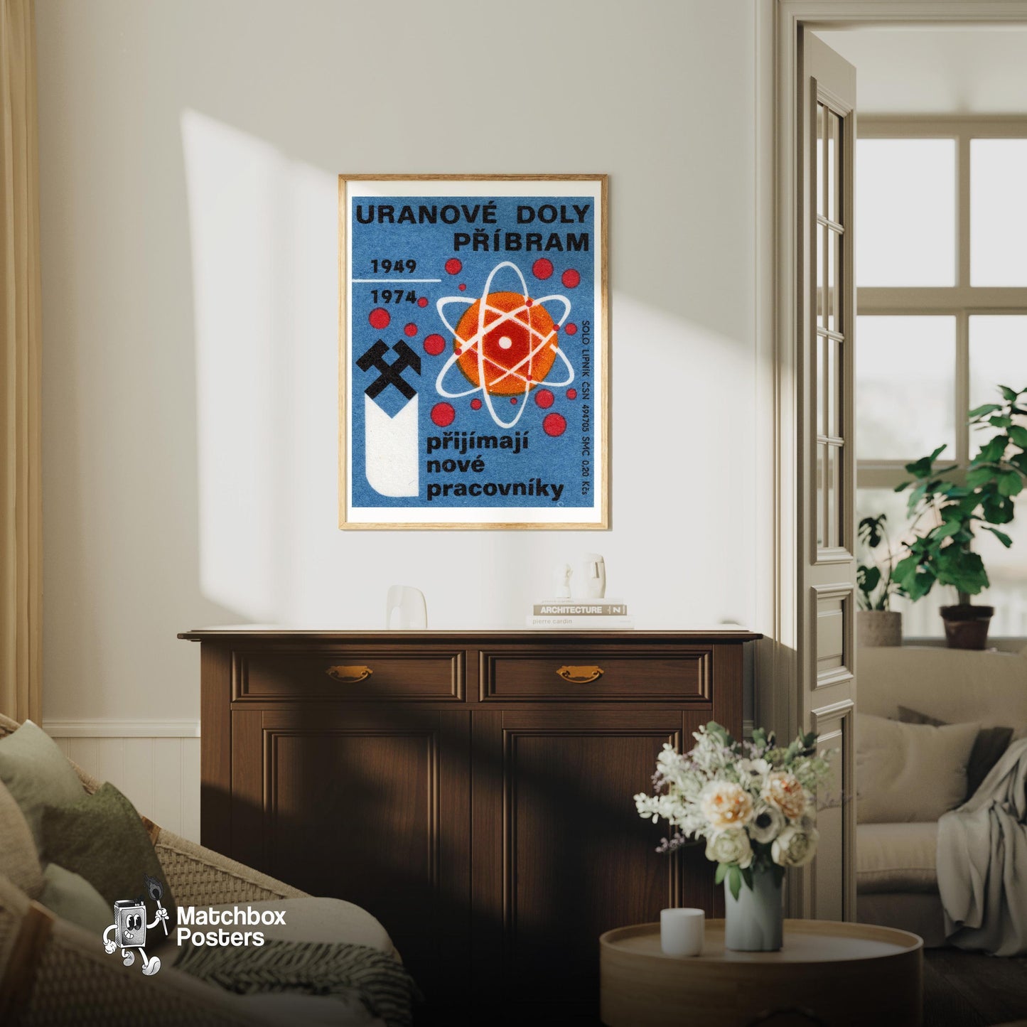 Atomic Symbol - vintage matchbox label print - living room mockup
