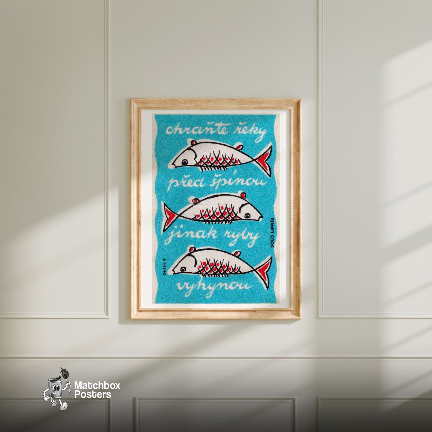 Three Fish - vintage matchbox label print - bedroom mockup