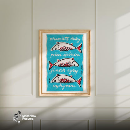 Three Fish - vintage matchbox label print - bedroom mockup