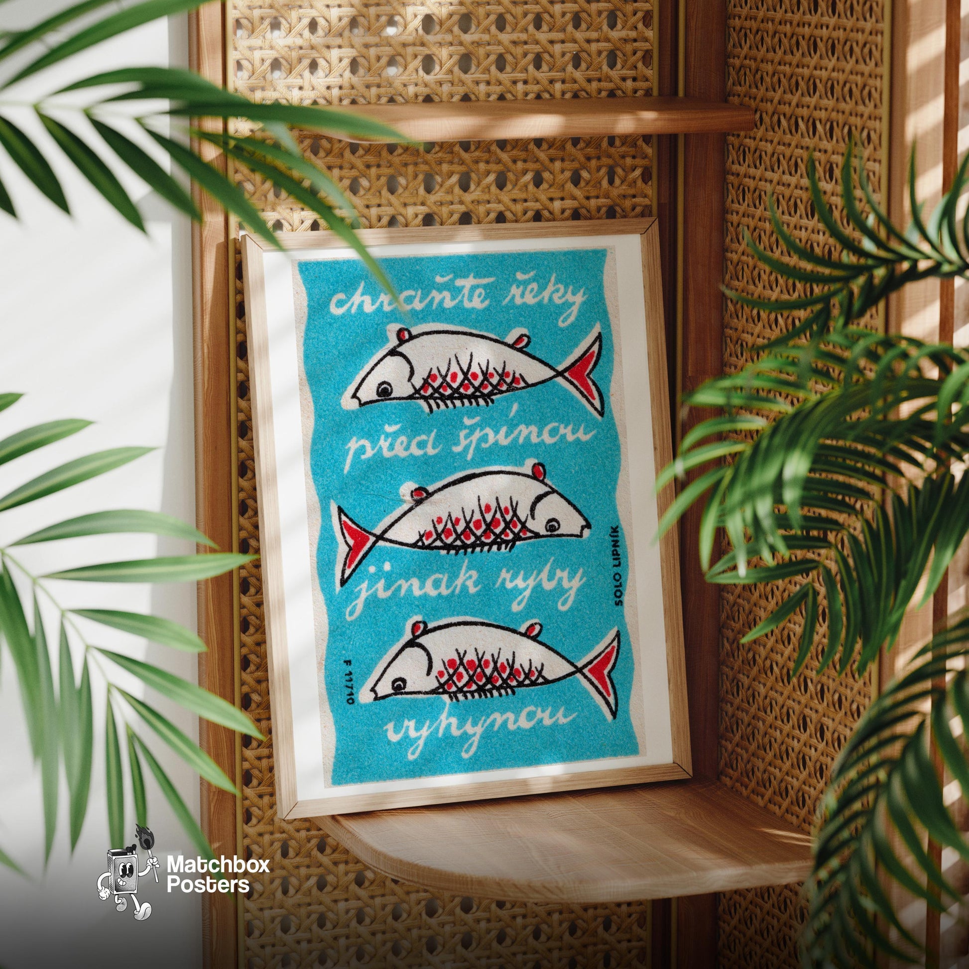 Three Fish - vintage matchbox label print - office wall
