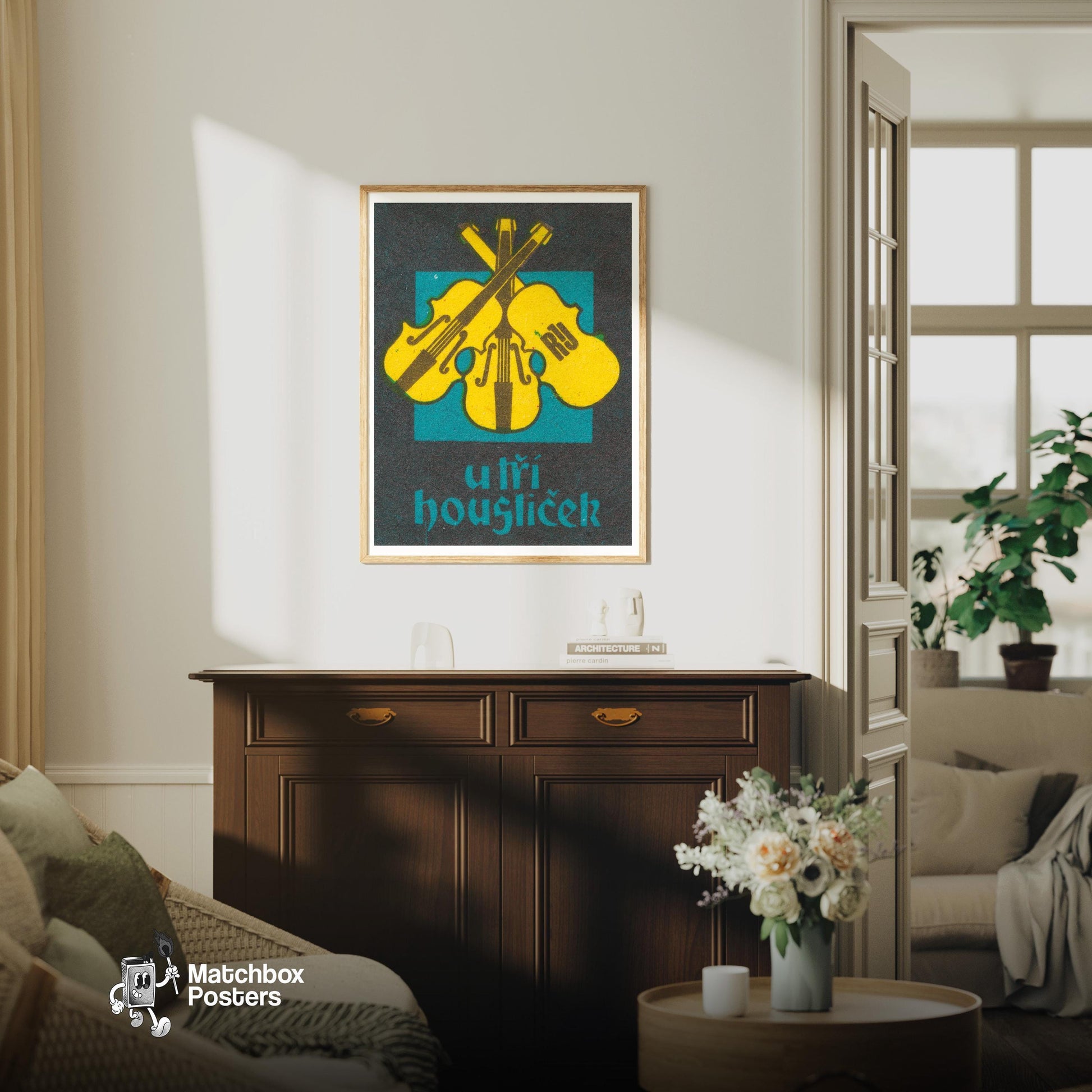 Three Violins - vintage matchbox label print - living room mockup