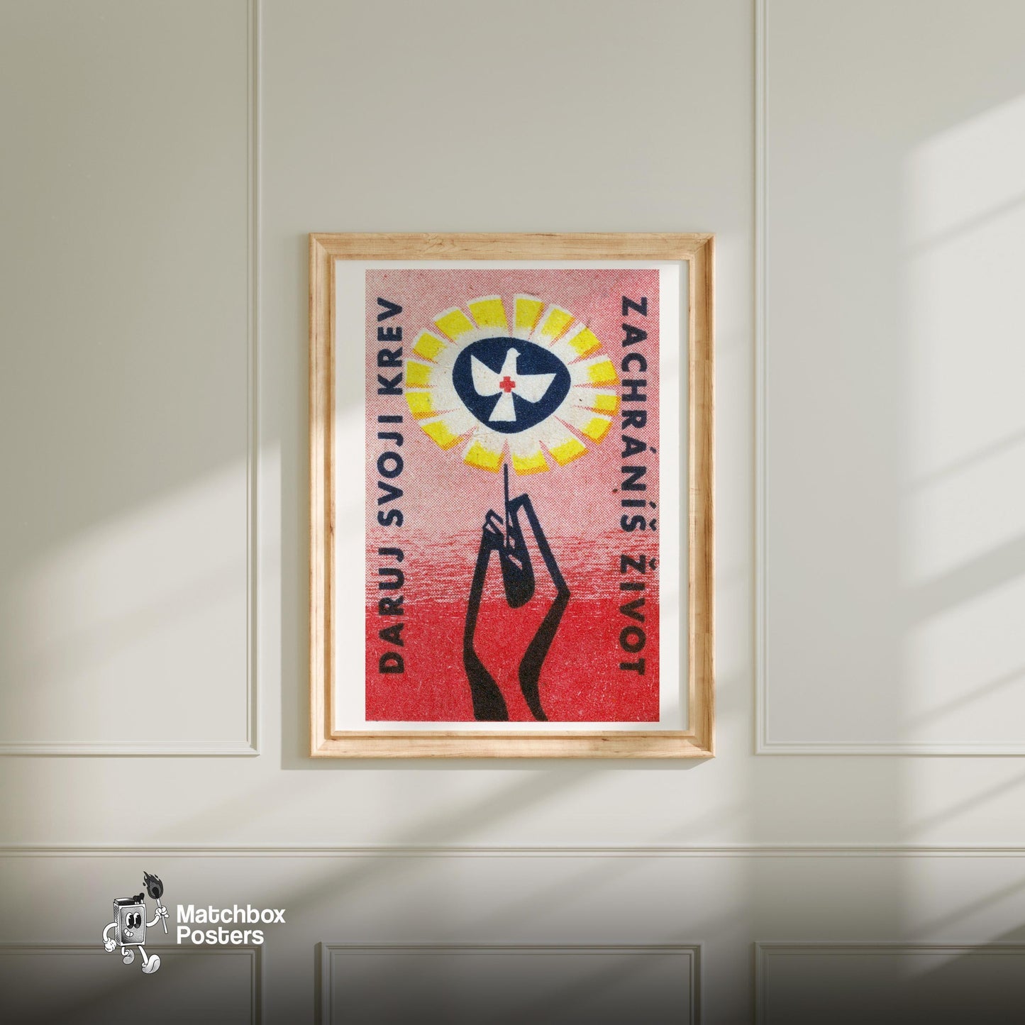 Hand Holding Flower Dove of Peace - vintage matchbox label print - bedroom mockup