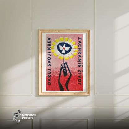 Hand Holding Flower Dove of Peace - vintage matchbox label print - bedroom mockup