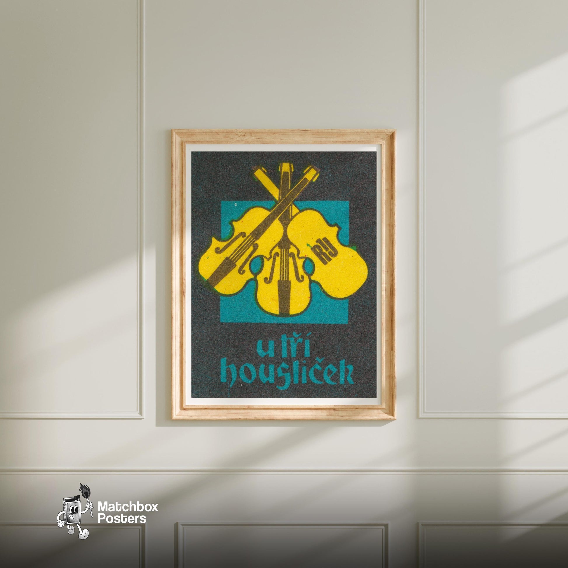 Three Violins - vintage matchbox label print - bedroom mockup