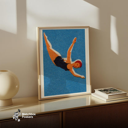 Diving Woman - vintage matchbox label print - size comparison