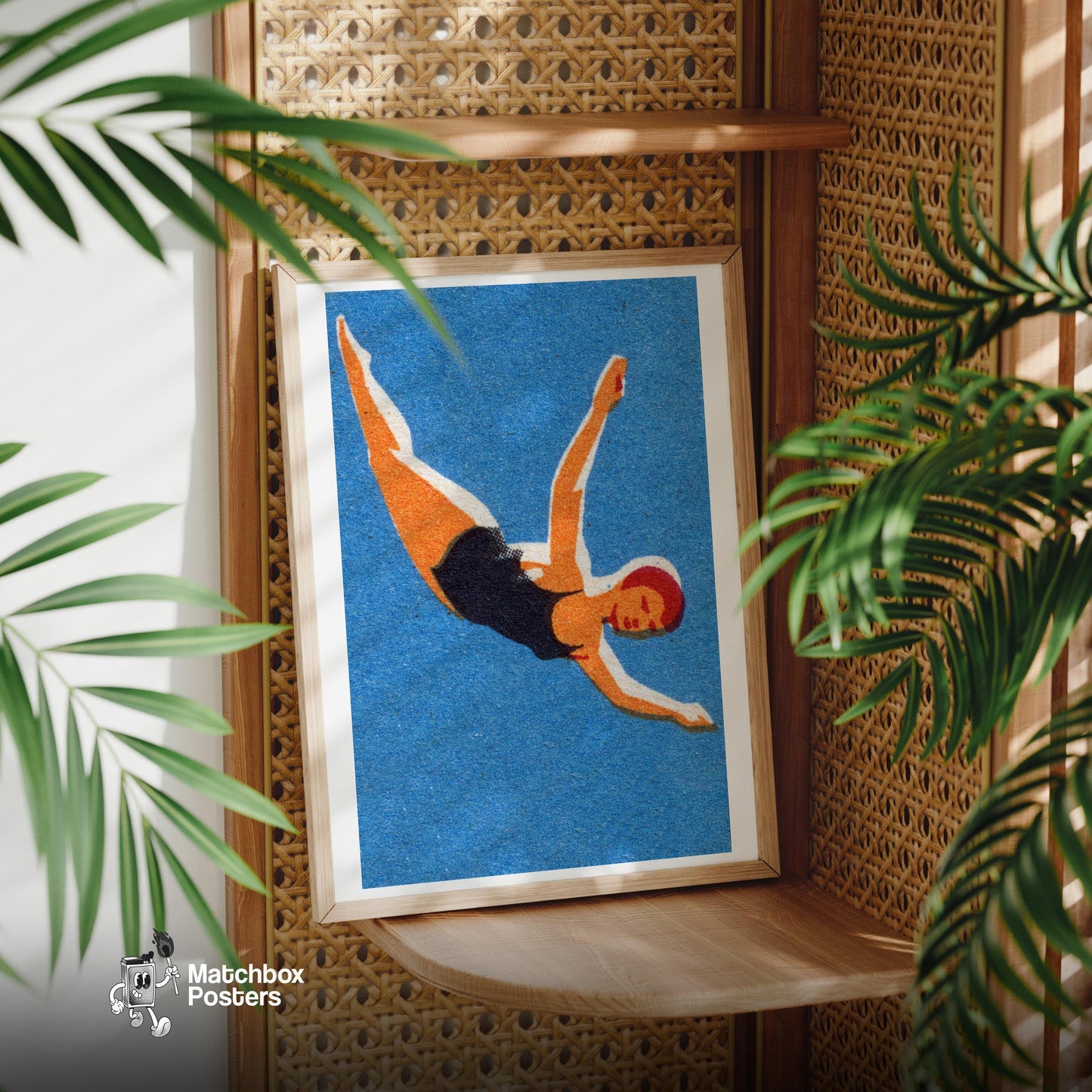 Diving Woman - vintage matchbox label print - office wall