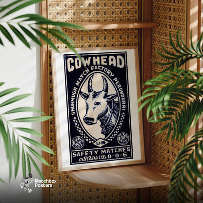 Cow Head - vintage matchbox label print - office wall