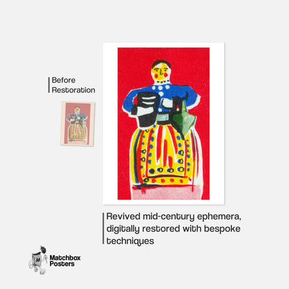 Folk Dress - vintage matchbox label print - framed wall art preview