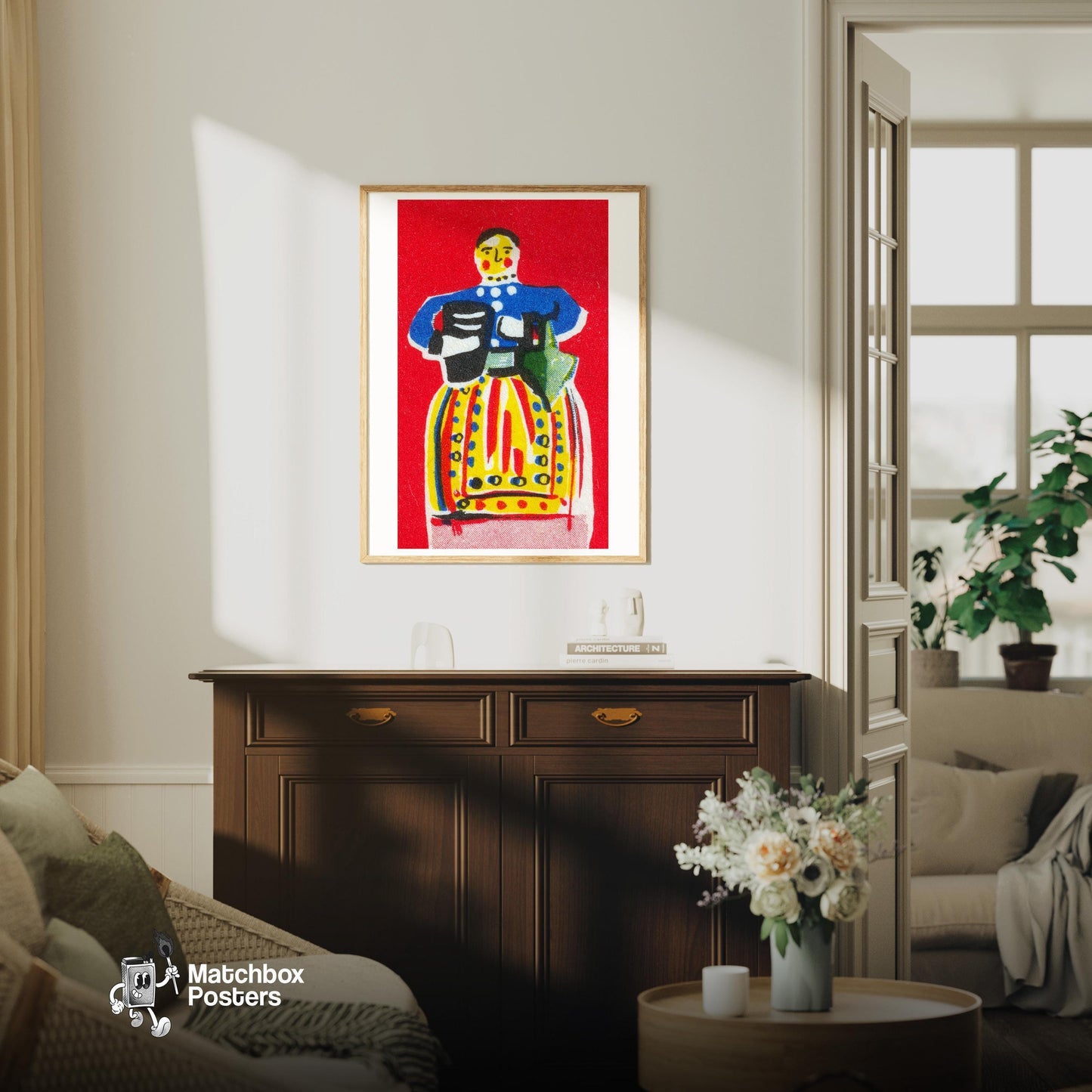 Folk Dress - vintage matchbox label print - living room mockup