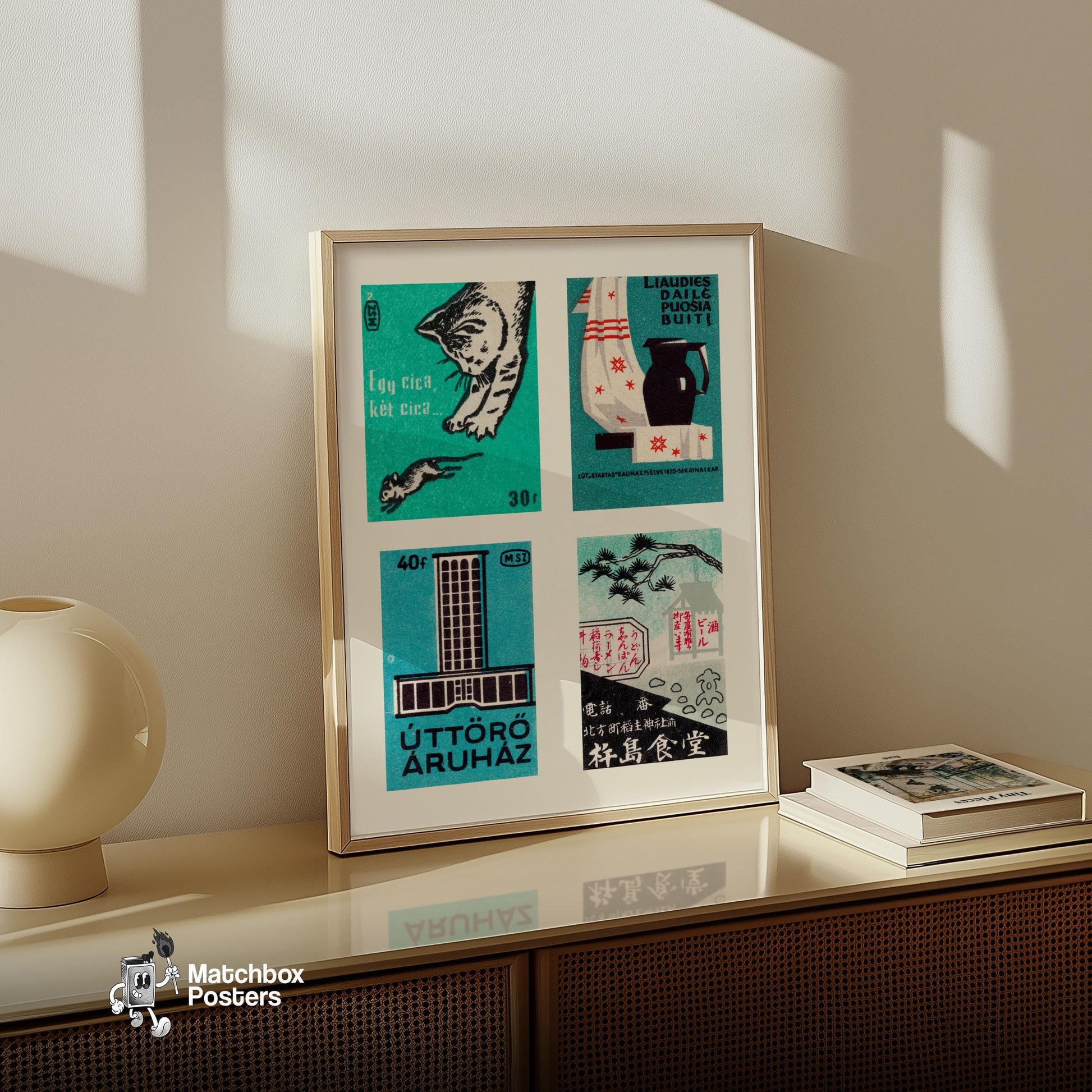 Cat and Mouse - vintage matchbox label print - bedroom mockup