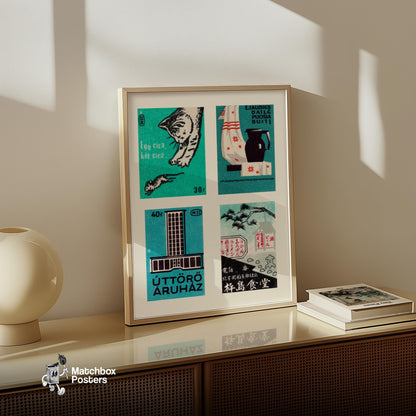 Cat and Mouse - vintage matchbox label print - bedroom mockup