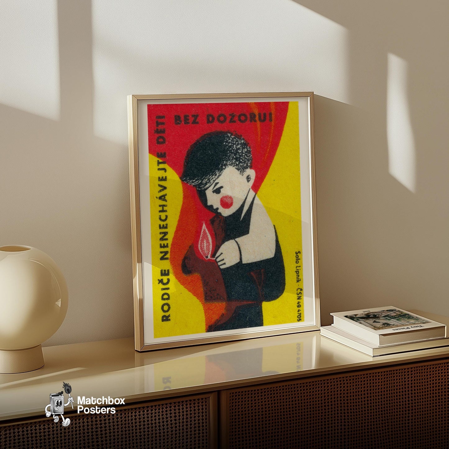 Boy with Matches - vintage matchbox label print - size comparison