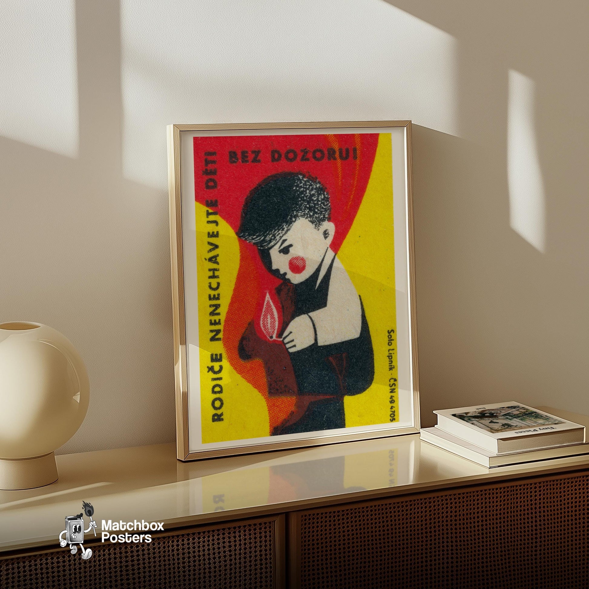 Boy with Matches - vintage matchbox label print - size comparison