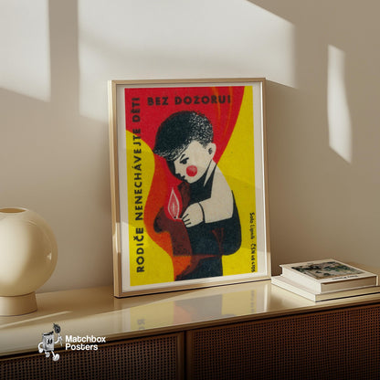 Boy with Matches - vintage matchbox label print - size comparison