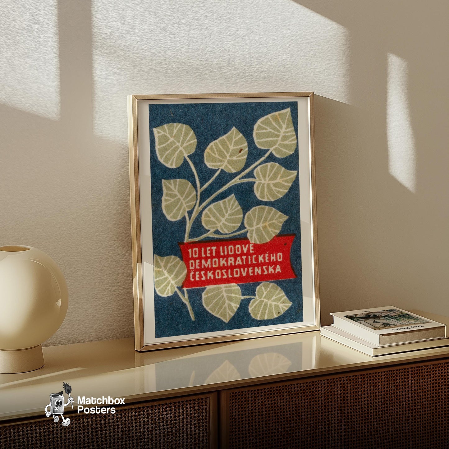 Leaf Branch - vintage matchbox label print - bedroom mockup
