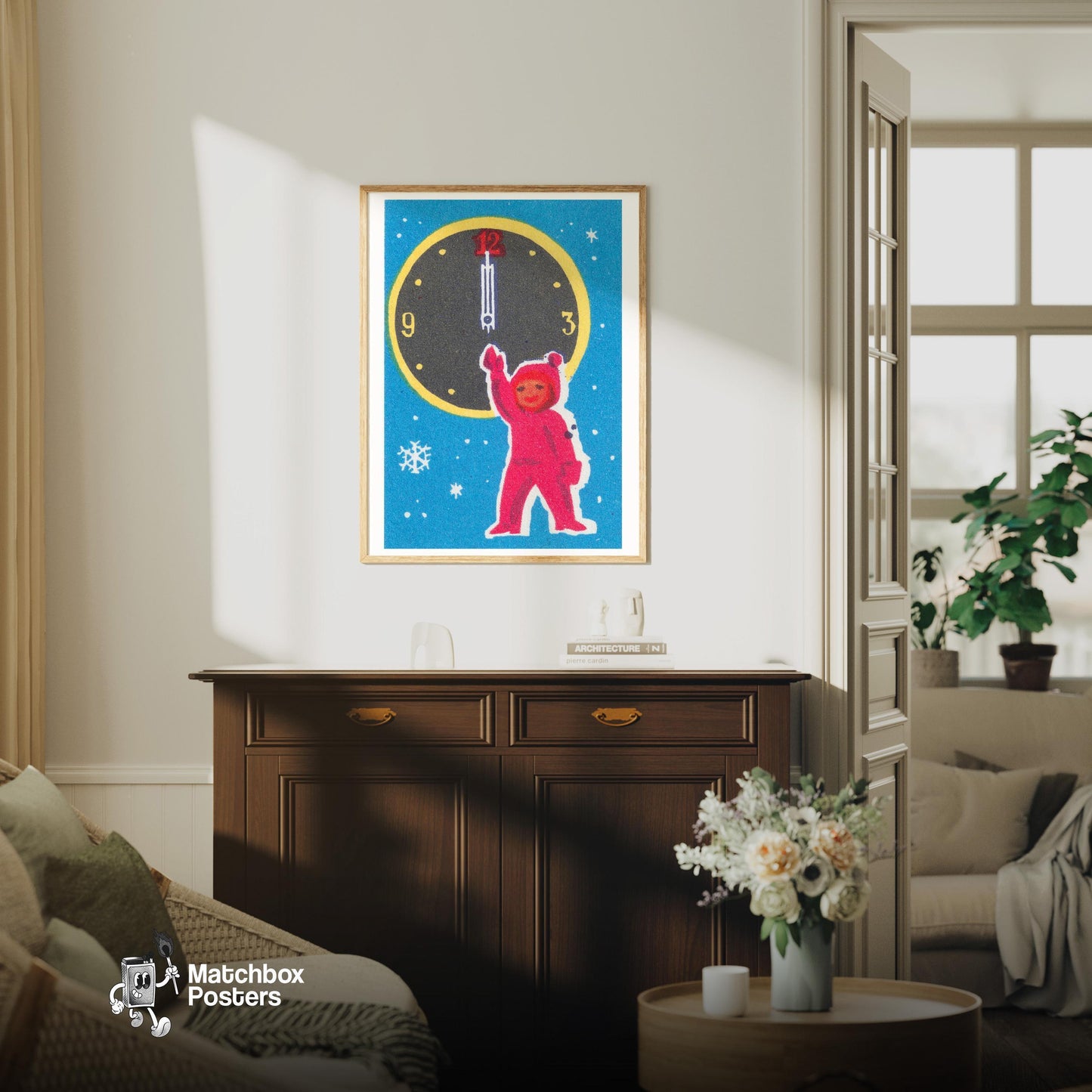Child with Clock - vintage matchbox label print - living room mockup