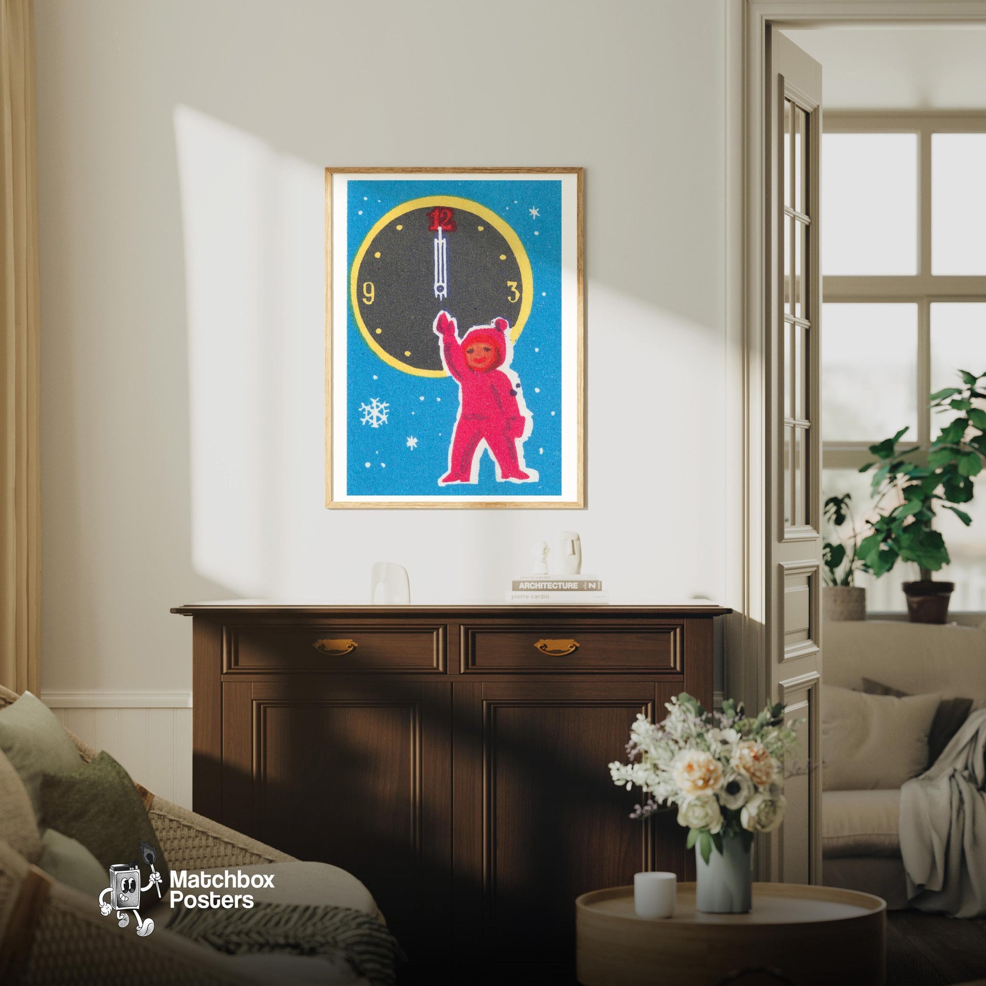 Child with Clock - vintage matchbox label print - living room mockup