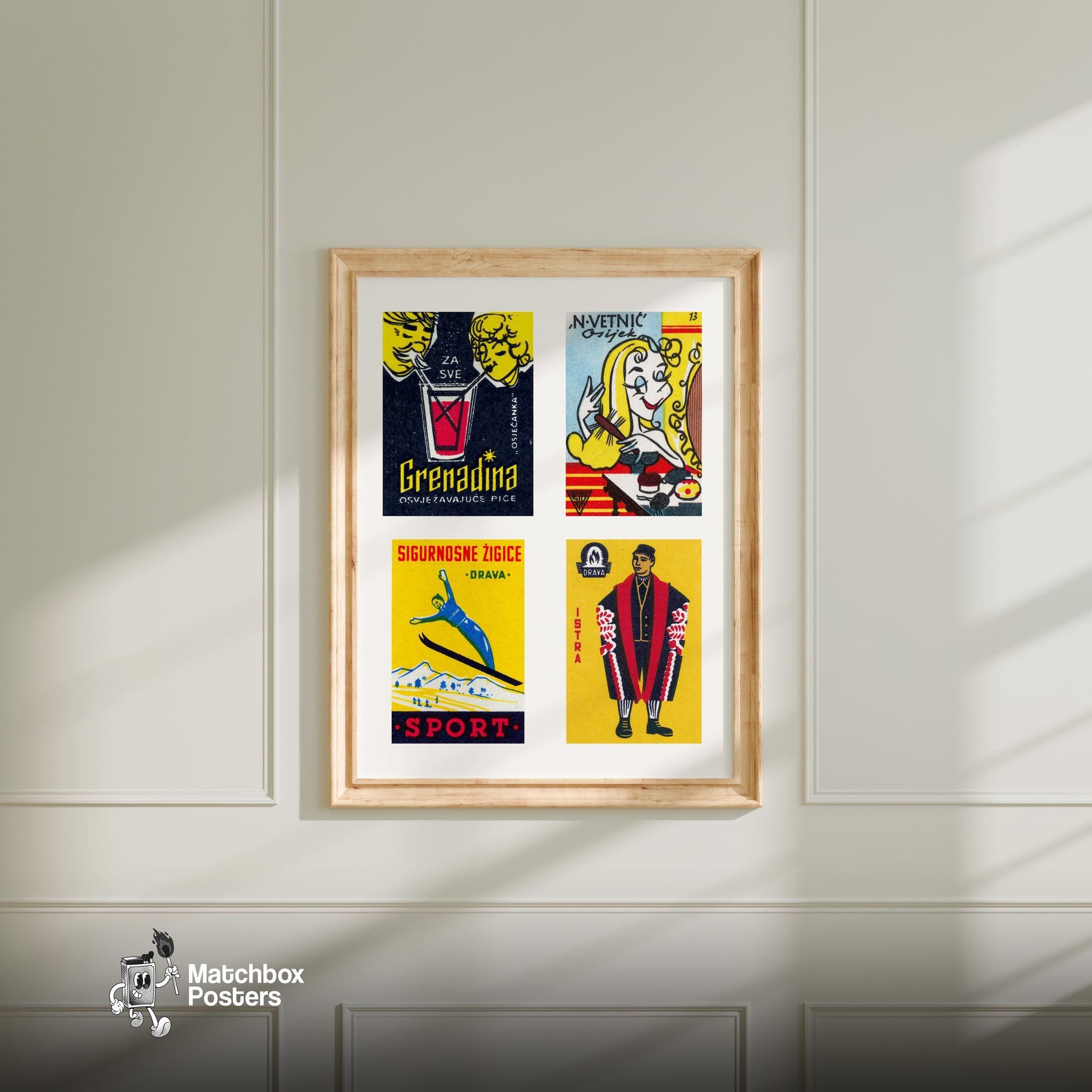 Yellow Croatians Grid Print - vintage matchbox label print - living room mockup