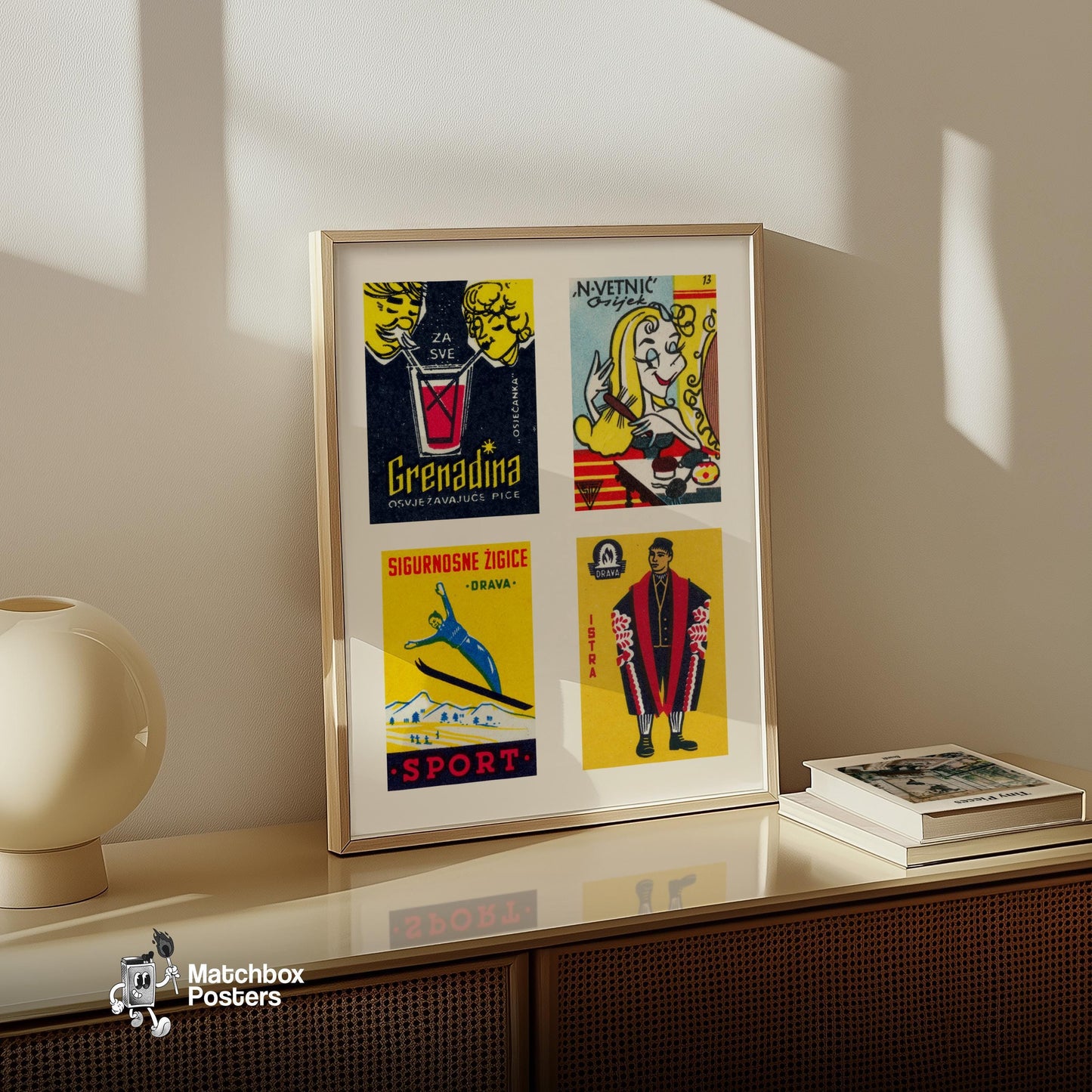 Yellow Croatians Grid Print - vintage matchbox label print - bedroom mockup