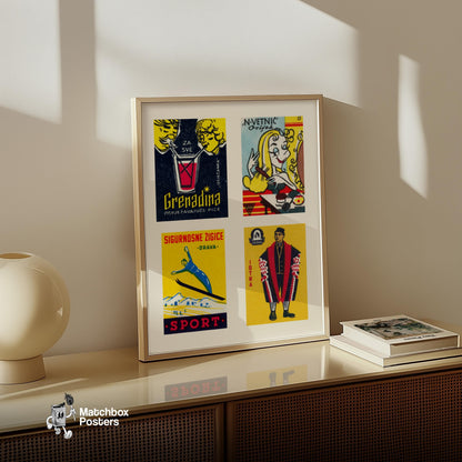 Yellow Croatians Grid Print - vintage matchbox label print - bedroom mockup