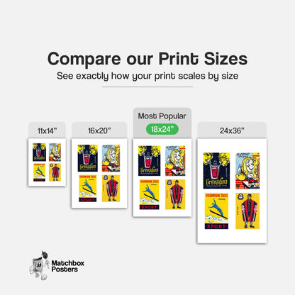 Yellow Croatians Grid Print - vintage matchbox label print - office wall