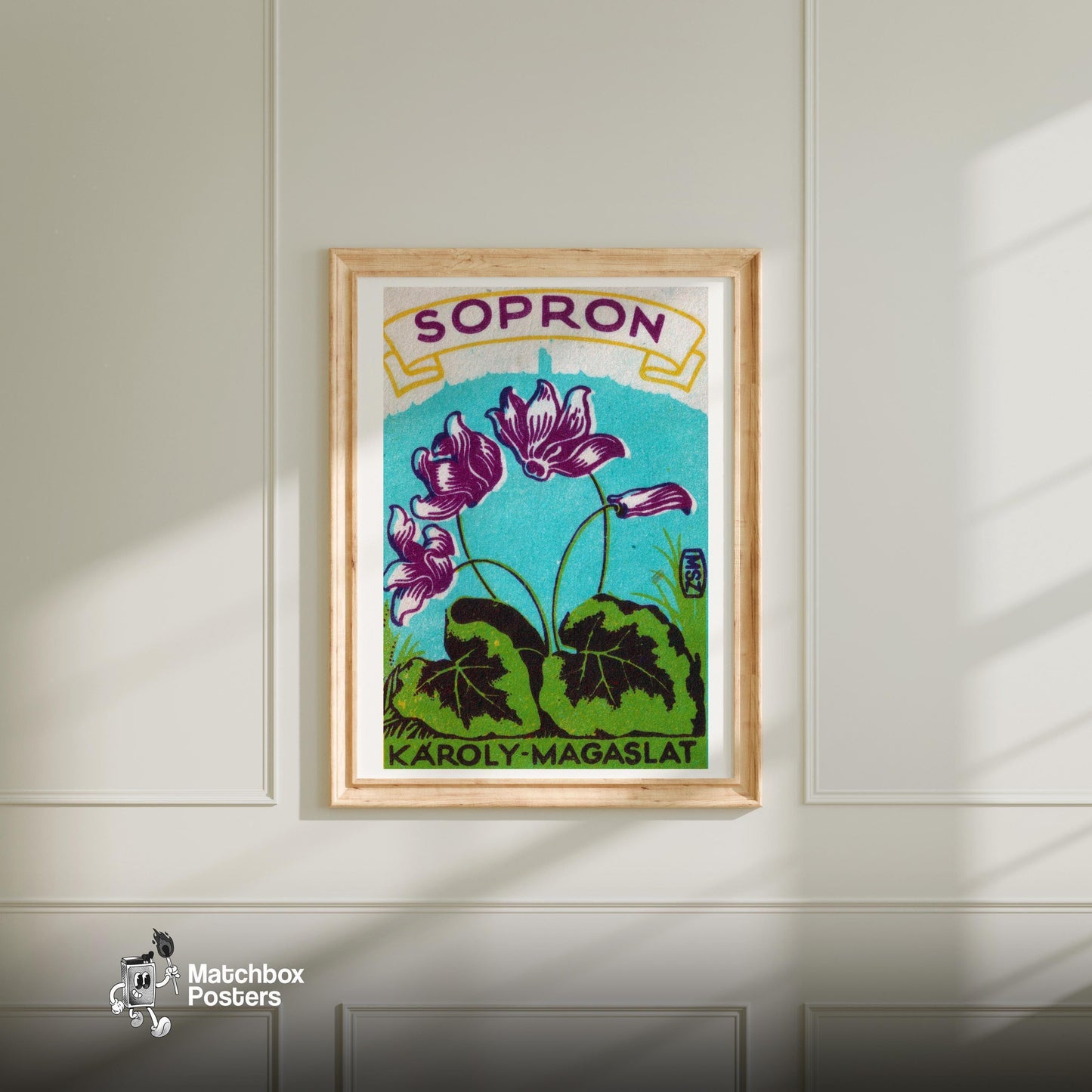 Purple Flowers - vintage matchbox label print - bedroom mockup