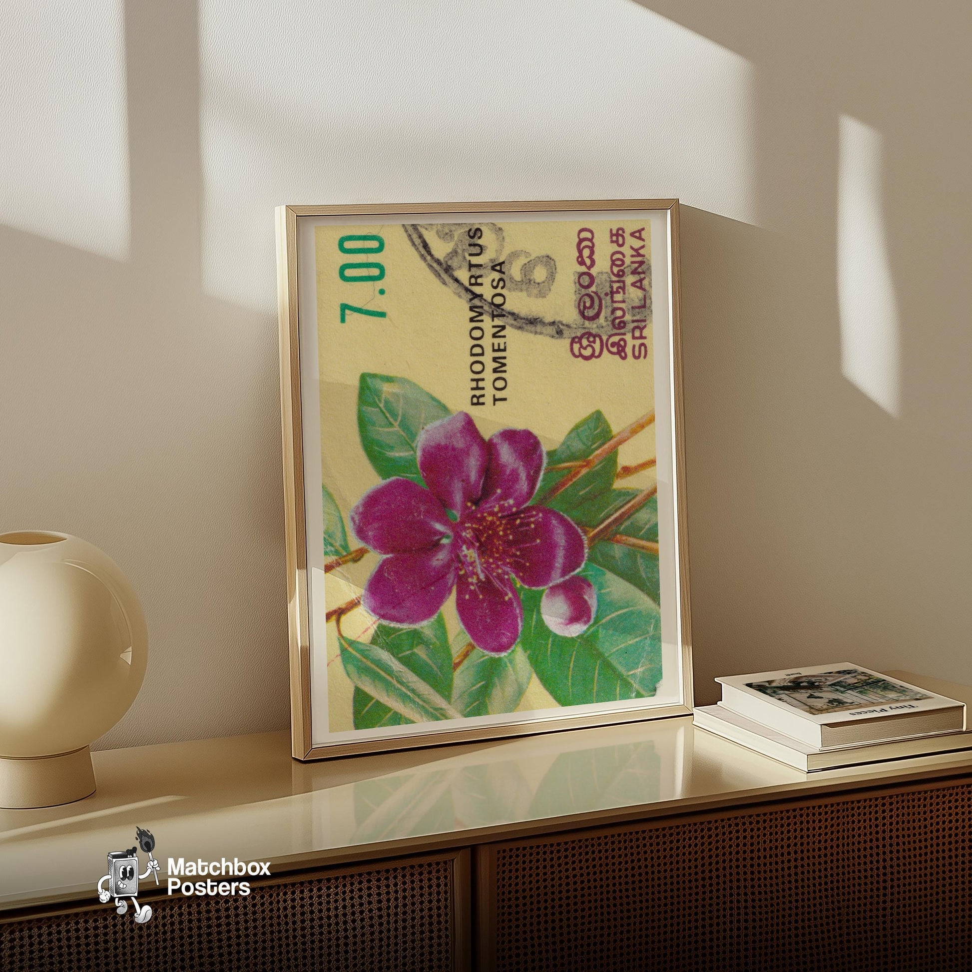 Purple Flower - vintage matchbox label print - size comparison