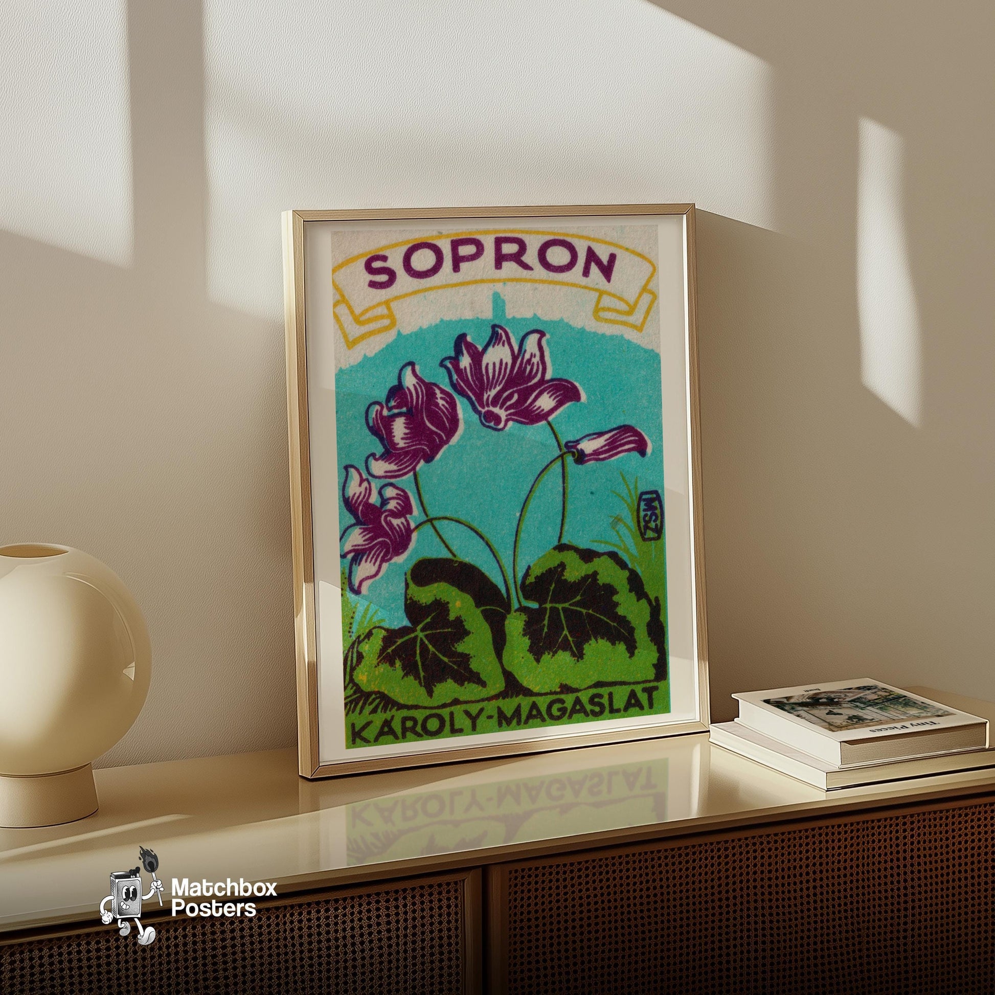Purple Flowers - vintage matchbox label print - size comparison