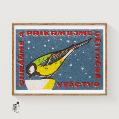 Snowy Bird - vintage matchbox label print