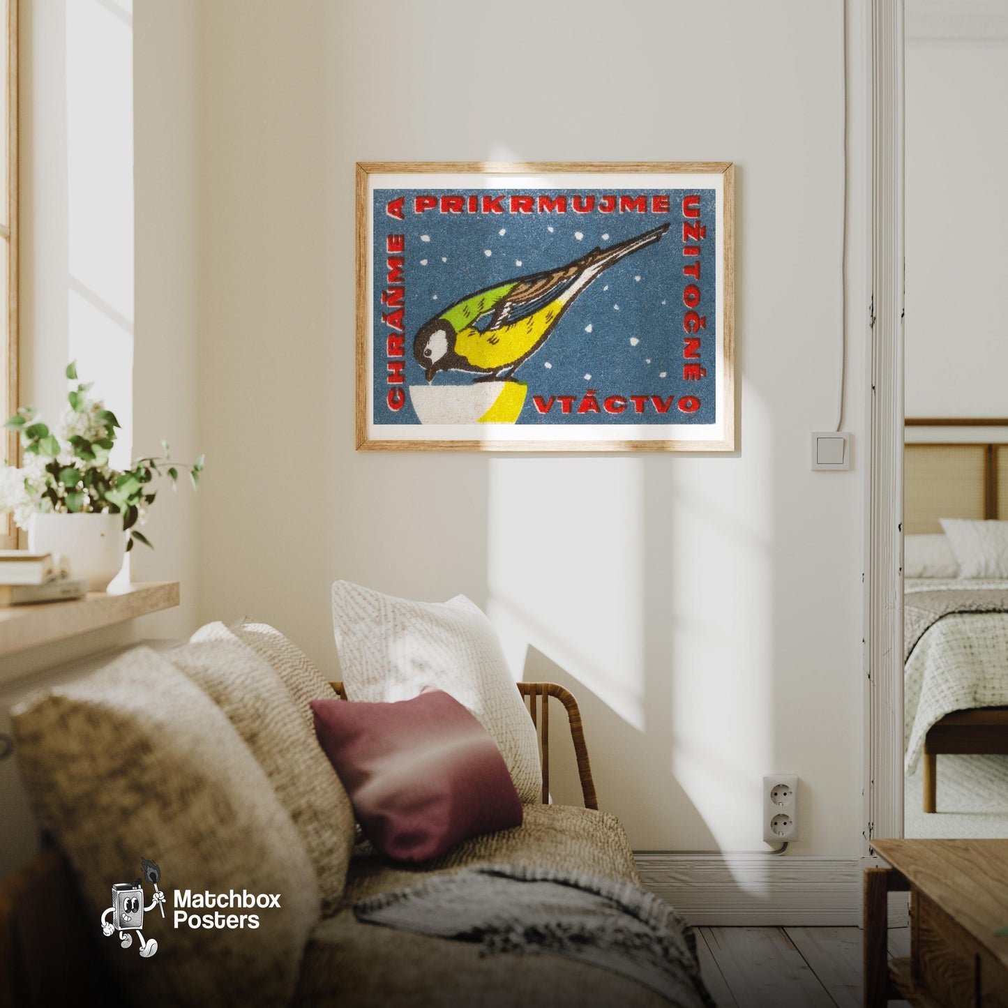 Snowy Bird - vintage matchbox label print - living room mockup