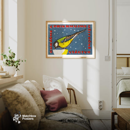 Snowy Bird - vintage matchbox label print - living room mockup