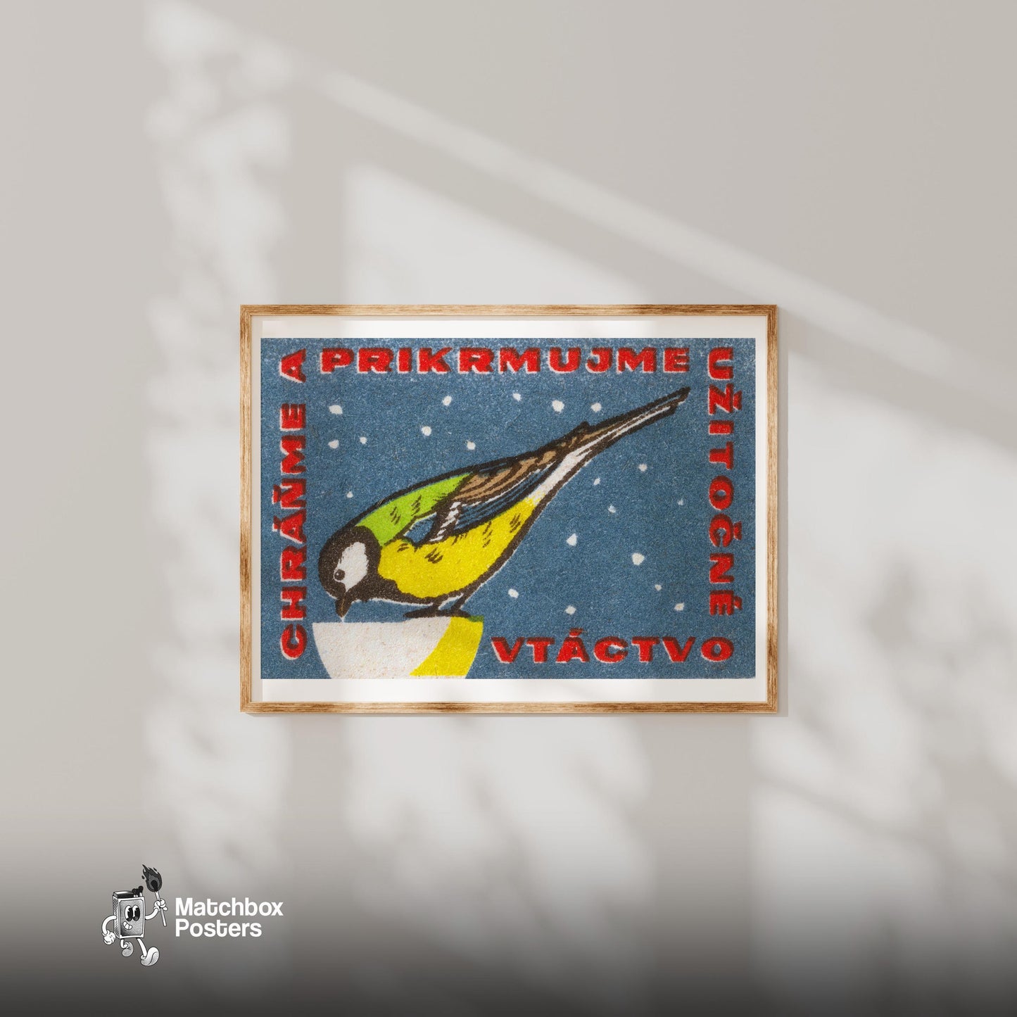 Snowy Bird - vintage matchbox label print - bedroom mockup