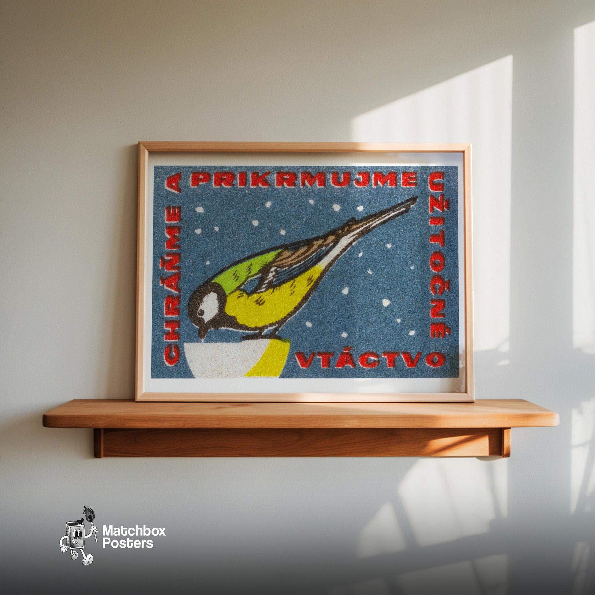 Snowy Bird - vintage matchbox label print - size comparison