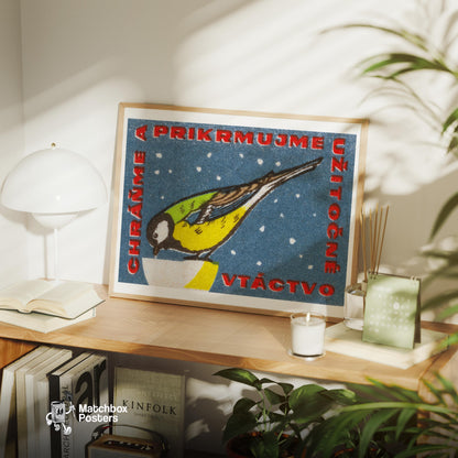 Snowy Bird - vintage matchbox label print - office wall