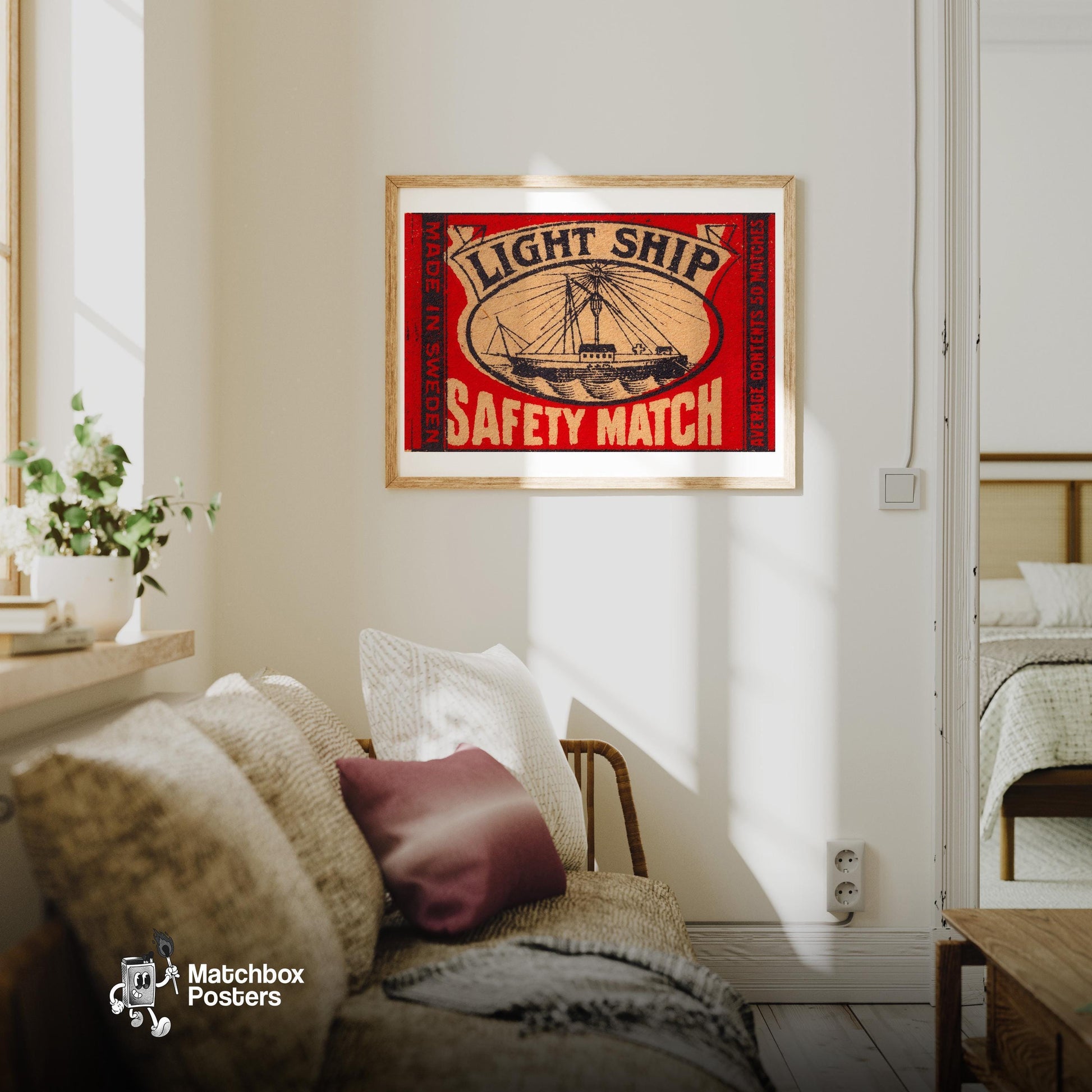 Light Ship - vintage matchbox label print - living room mockup