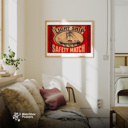 Light Ship - vintage matchbox label print - living room mockup