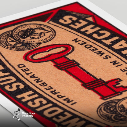 Red Key - vintage matchbox label print - close-up detail