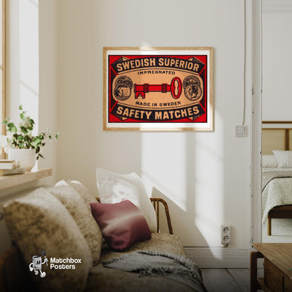 Red Key - vintage matchbox label print - living room mockup