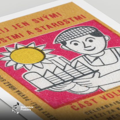 Smiling Worker - vintage matchbox label print - close-up detail