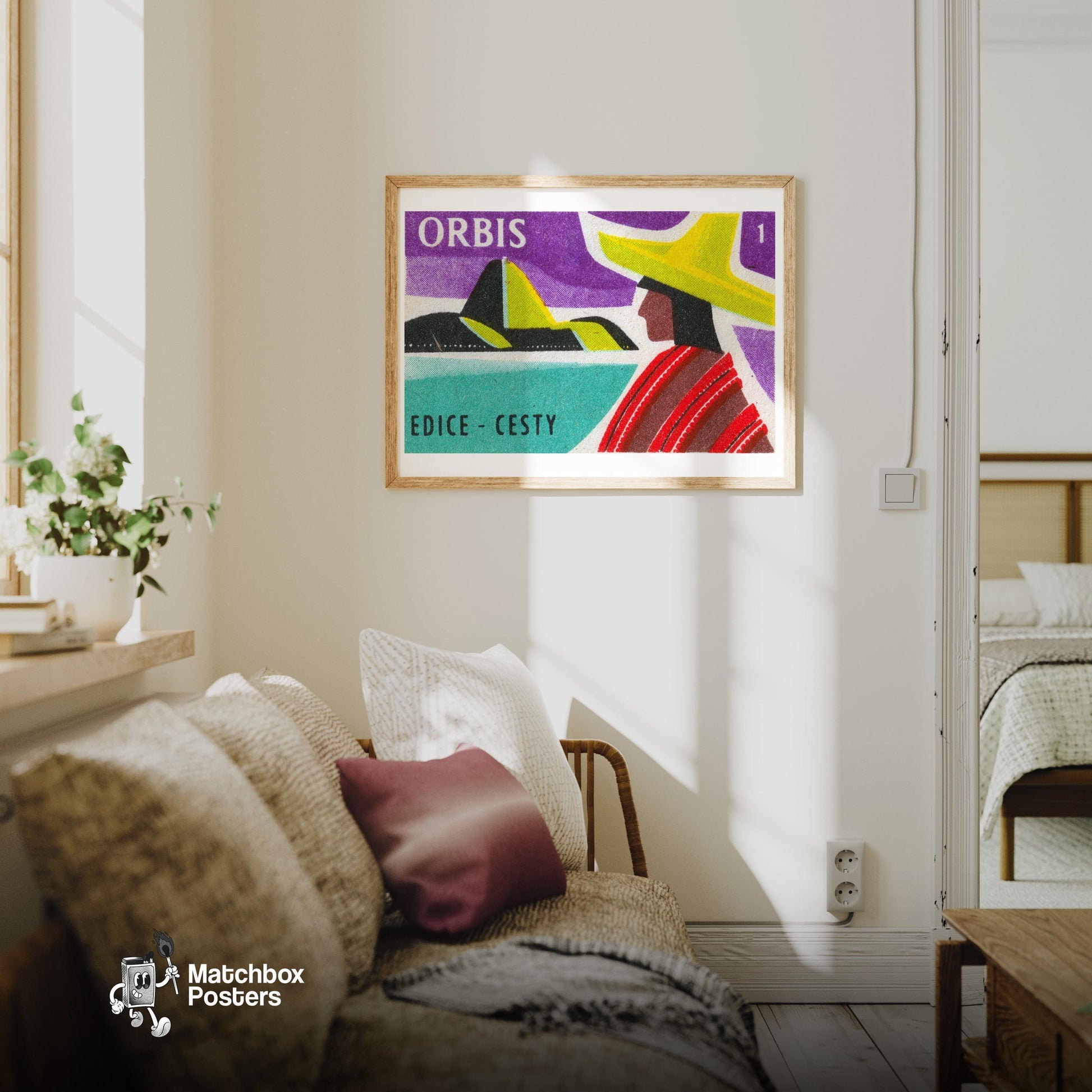 South American Portrait - vintage matchbox label print - living room mockup