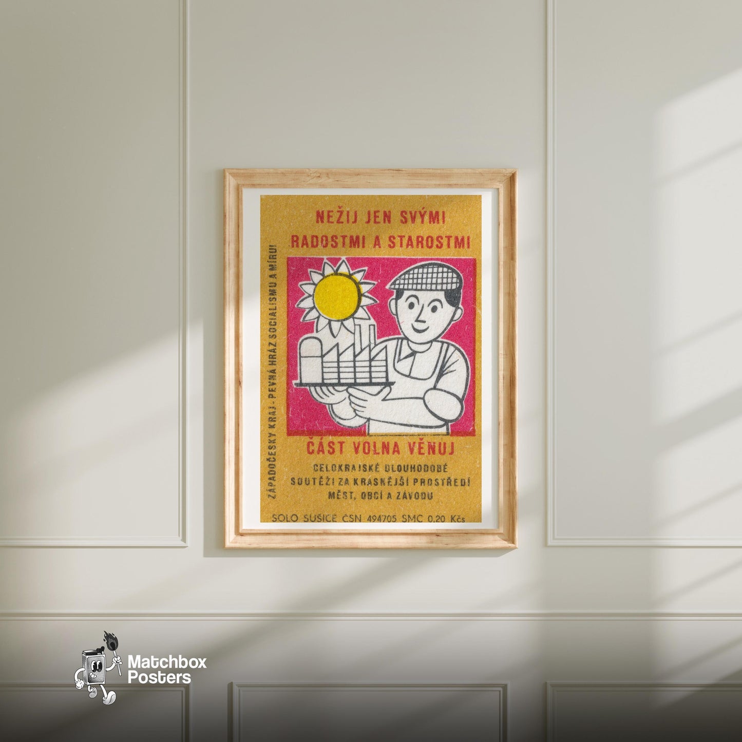 Smiling Worker - vintage matchbox label print - bedroom mockup